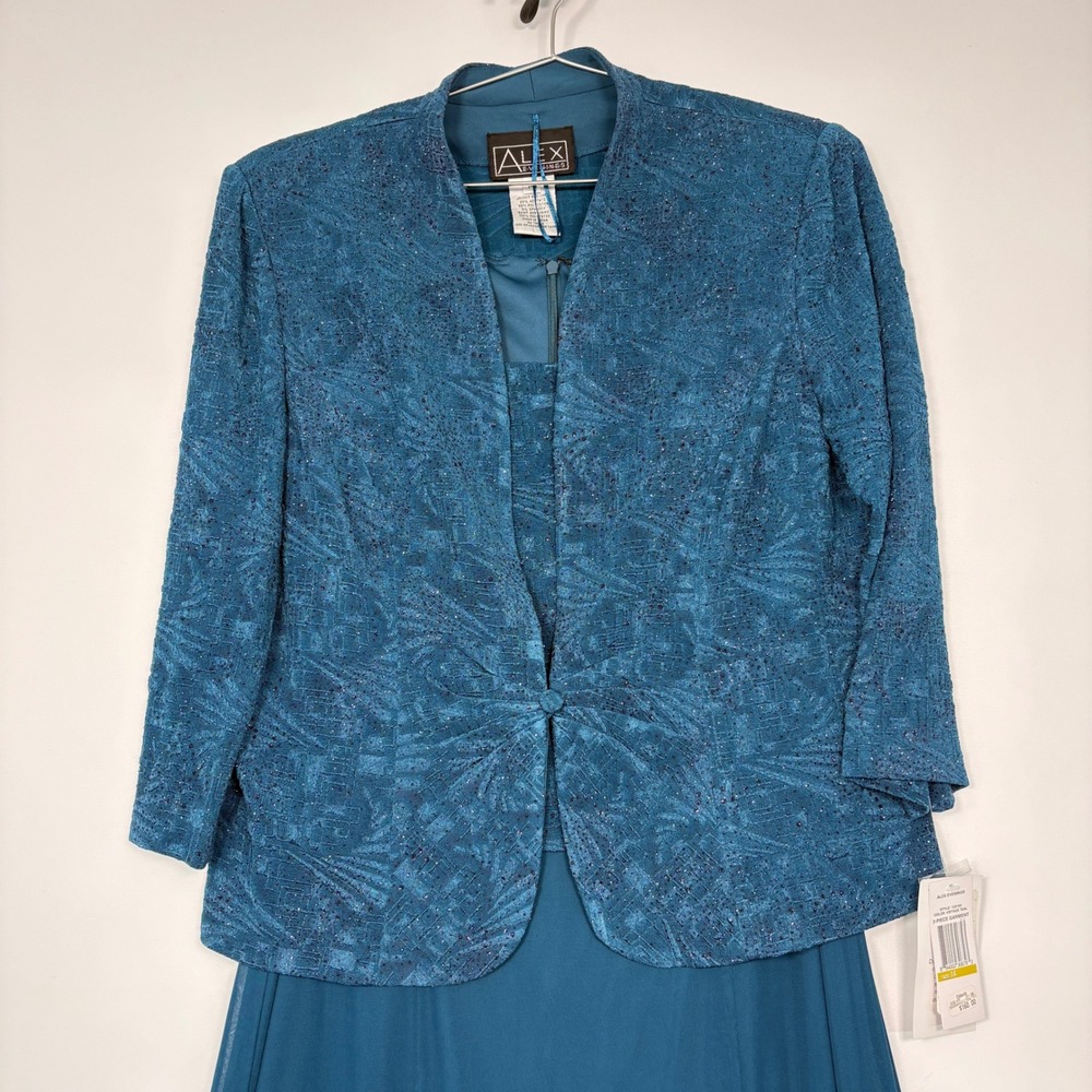 NWT Alex Evenings Womens 2 Piece Maxi Dress Set 14 Teal Glitter Jacket Formal - Picture 9 of 16